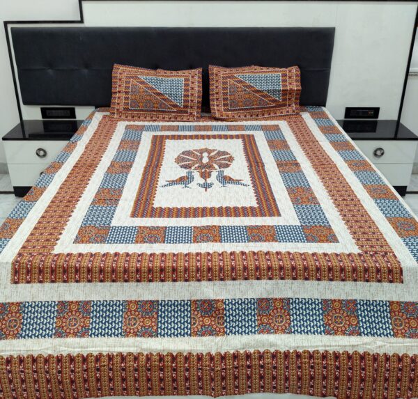 King Size Cotton Bedsheet – Traditional Bird Print in Orange & Blue