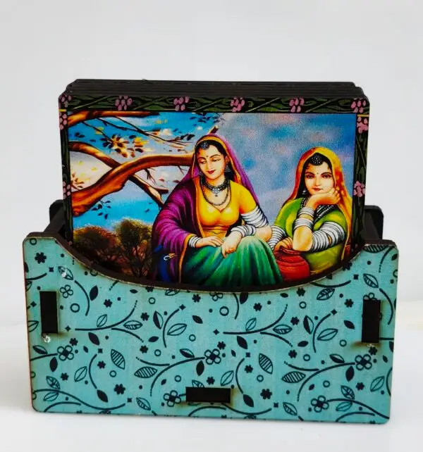 Handcrafted Wooden Coaster Set with Traditional Women Print (Set of 6)