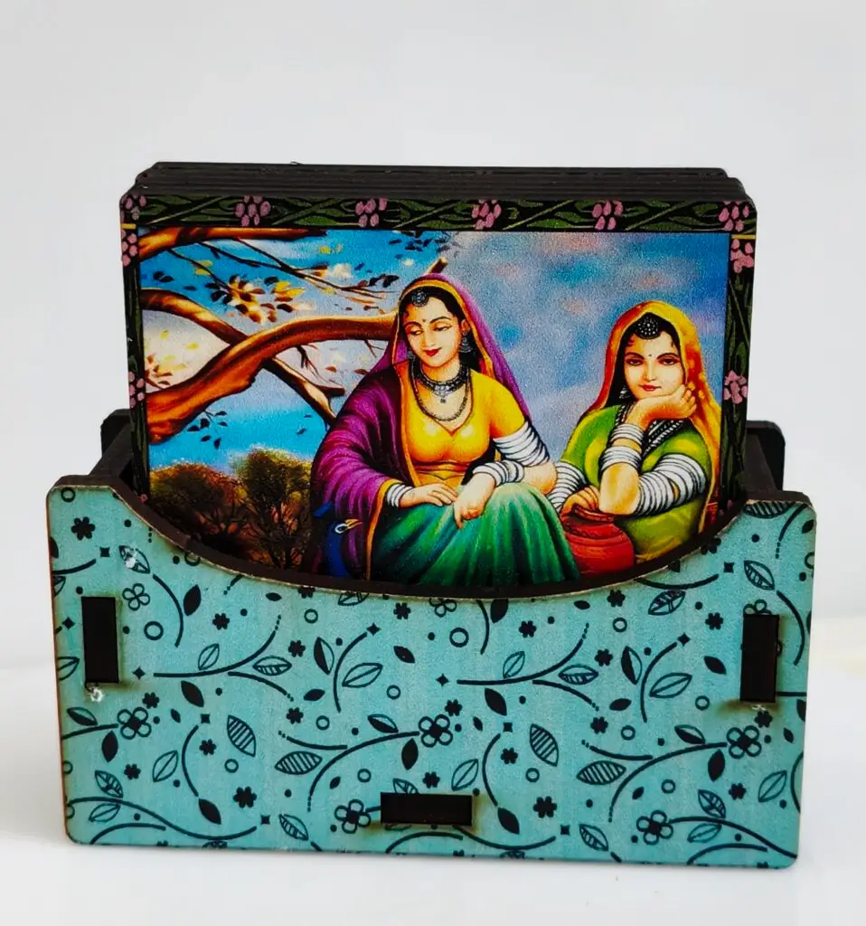 Handcrafted Wooden Coaster Set with Traditional Women Print (Set of 6)