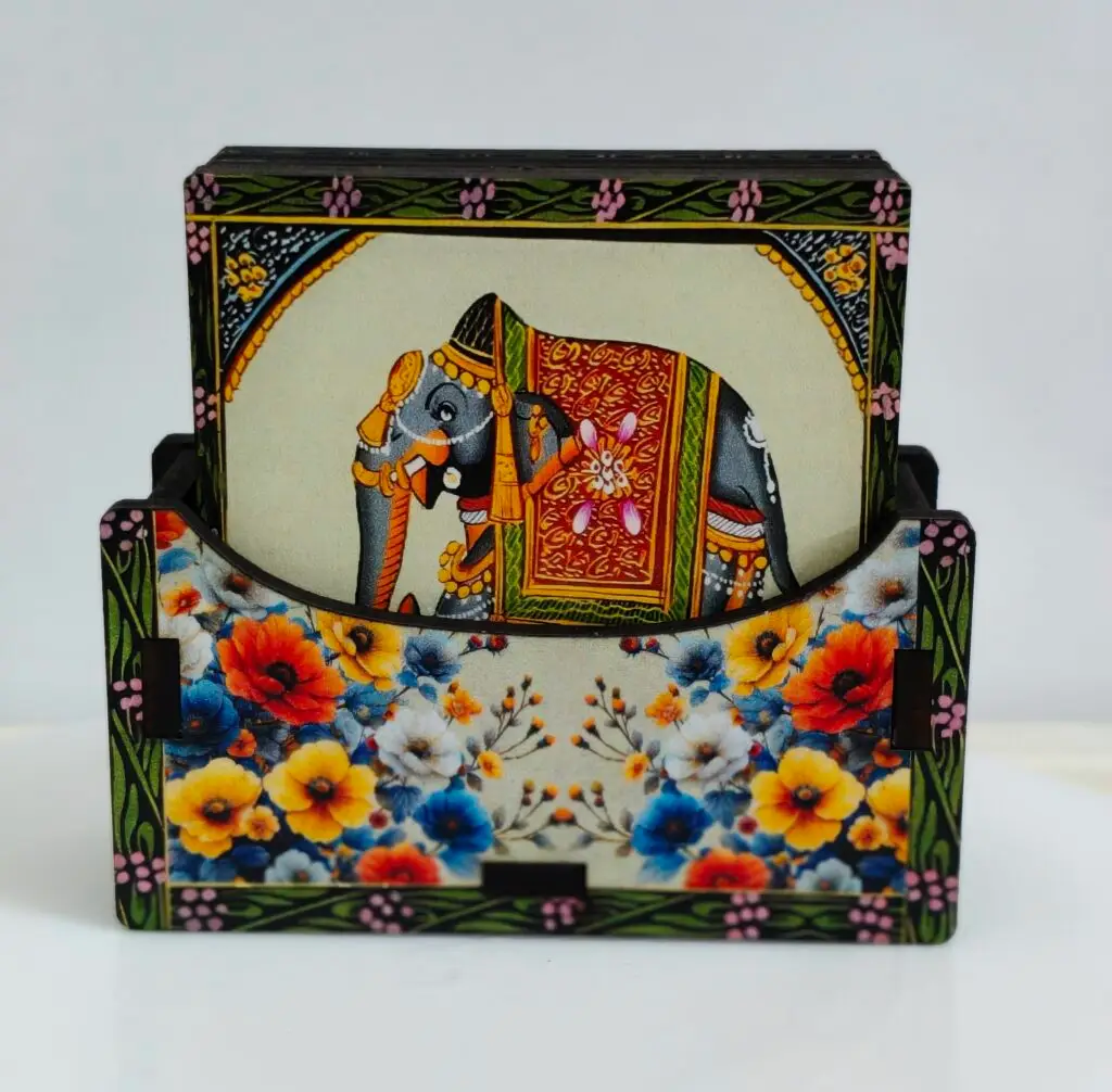 Traditional Wooden Coasters with Elephant Print (Set of 6)