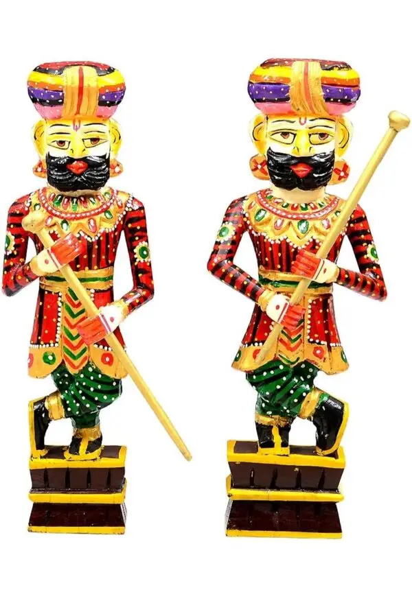Handcrafted Wooden Rajasthani Royal Guard Figurine Set (12 inches) - Set of 2
