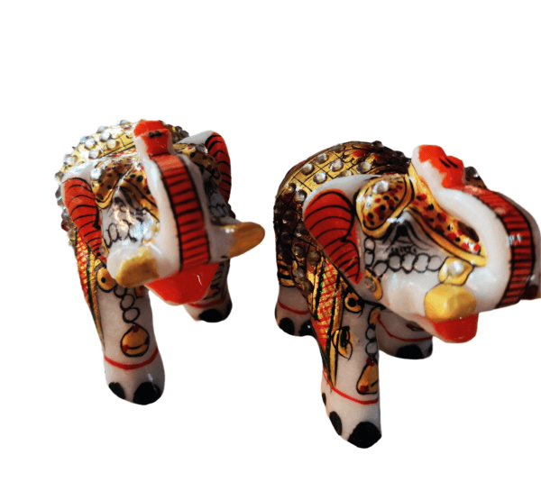 Set of 2 Exquisite Marble Elephants with Kundan Work – 4 Inch | Rajasthani Handicraft