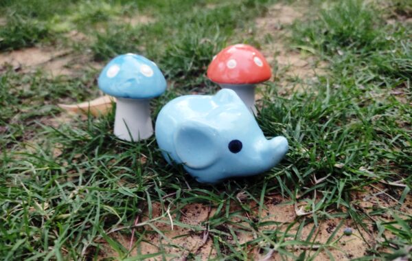 Handcrafted Ceramic Garden Decor – Majestic Elephant & Multicolor Mushrooms (Set of 3)