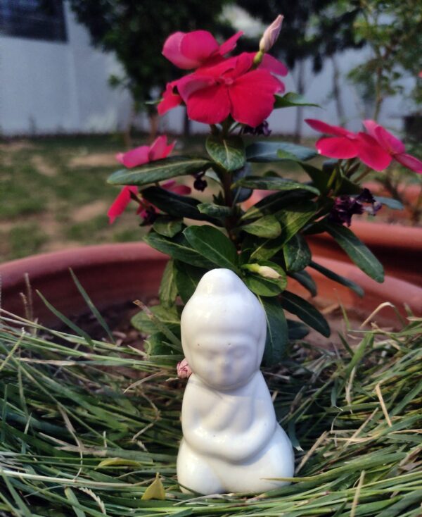 Elegant Ceramic Garden Decor Set – White Buddha, Multicolor Hut & Mushroom (Set of 3)