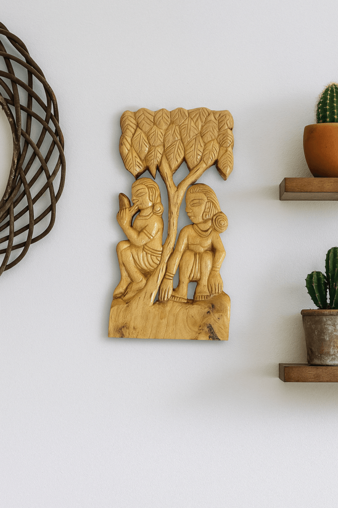 Handcrafted Wooden Bijapuri Tribal Art | Traditional Madhya Pradesh Wall Décor | Village Couple Under Tree Figurine
